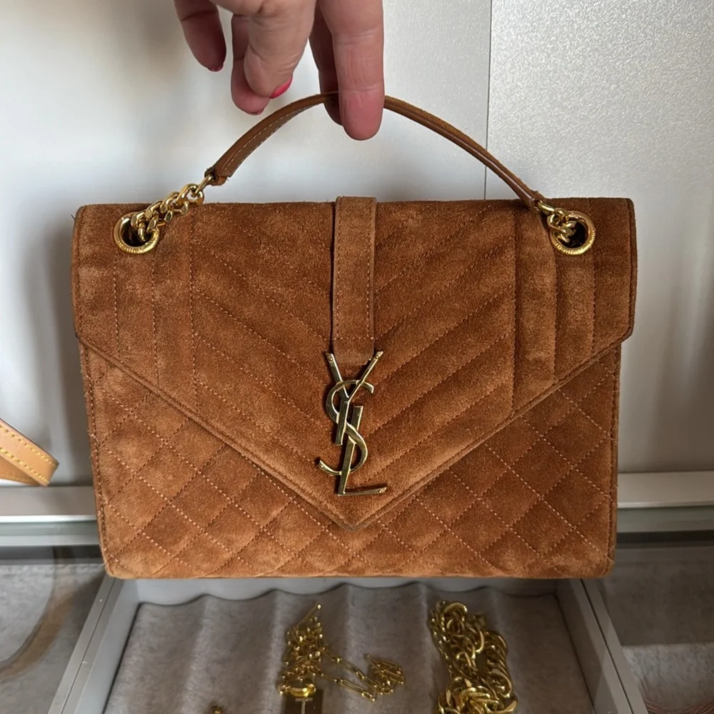 YSL Yves Saint Laurent Brown Suede Quilted Medium Envelope Handbag - Picture 4 of 16